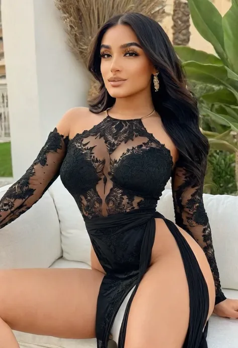 (best high quality:1.2), 8k, extremely detailed, (High detail:1.2), ((perfect anatomy)), (Hotlexi woman), Solo, 24 year old Arabian female, ((black luxury dress)),