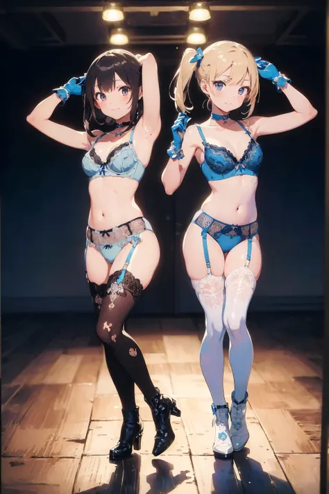 (masterpiece:1.8),(highest quality:1.8),(Very detailed:1.8),(8k:1.8),(Ultra-thin illustration:1.5),pretty girl,2 people,skinny,Small Ass,straight twin tails,Flat Chest,Small breasts,(Blue full lace bra)(blue lingerie,Blue Panties),choker,White long gloves,...