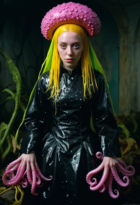 8K, ARTISTIC photogrAphy, best quAlity, mAsterpiece: 1.2), A (potrAit:1.2)  witch BLOOD Toon Doll Cthulhu nun QUEEN, EYES, PINK many octopus style tentacles, full body RAW candid cinema, yellow hair, 16mm, color graded portra 400 film, remarkable color, ul...