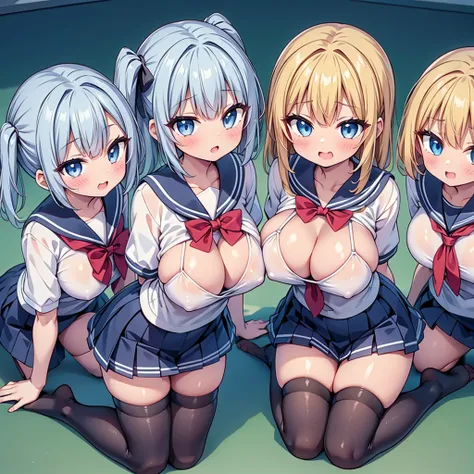 highest quality,wonderful,finely,extremely detailed CG Unity 8K wallpaper, (3 girls, Stand in line:1.3), (cute eyes, Sailor suit:1.1, clothed), (sparkling eyes:1.2), (huge breasts), (all fours:1.3), (open mouth:1.1), (long tongue:1.1), (mouth drool:1.1), (...