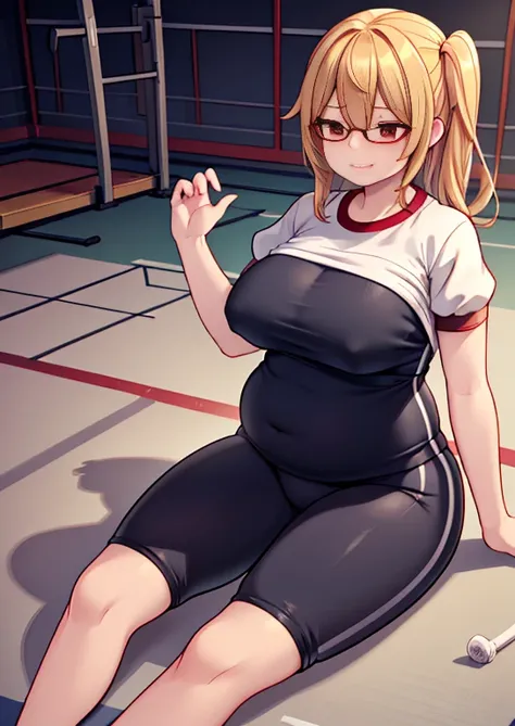 (masterpiece, best quality, highly detailed), 1girls, big belly, huge belly, art by kipteitei, round belly, chubby, curvy, belly grab, enormous belly, fat belly, thicc, bigger belly, really big belly, jiggly belly, glasses, (((((extremely thight gym clothe...