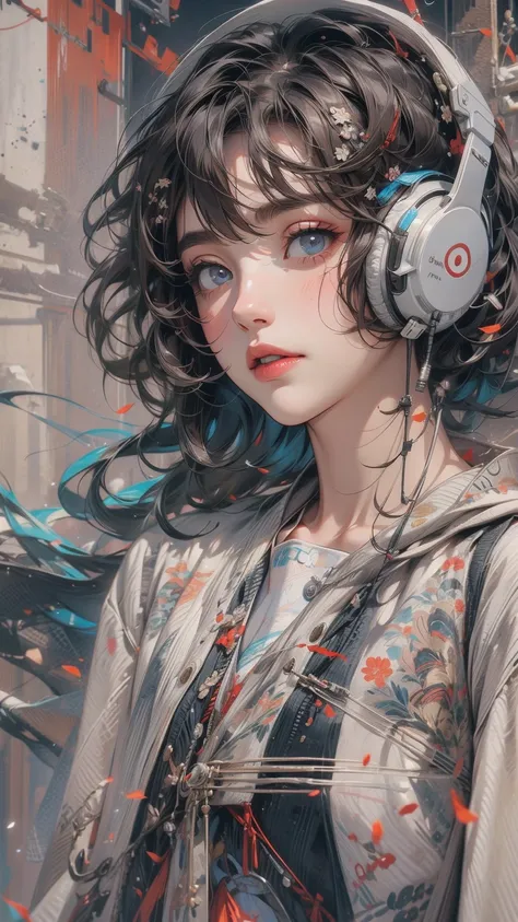 (masterpiece, High resolution, highest quality), Composition from head to thighs:1.3, Upper body focus, 20-year-old woman, short hair, Avant-garde makeup, fashionable, Headphones, Disorganized, Musical notes collage, abstract design, artistic juxtaposition...