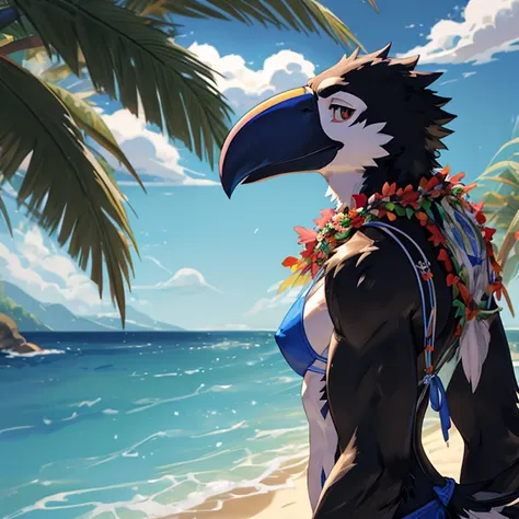 Solo female, toucan, avian, bird, blue bikini, black feathers, flower lei, holding coconut drink, beach, Hawaiian, tropical, palm trees in background