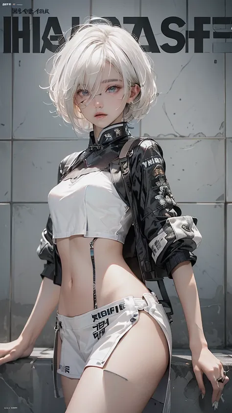  ((white hair)), bright lighting, masterpiece,1girll, ((short hair)), ((16-year-old female model)), (((cowboy shot)) 2D,  detailed eyes, ((Text)), ((magazine cover layout)), tile,  cover, bold, attention-grabbing, title, stylish, ((font)), catchy, headline...