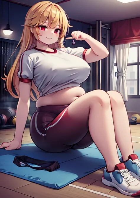 (masterpiece, best quality, highly detailed), 1girls, big belly, huge belly, art by kipteitei, round belly, chubby, curvy, belly grab, enormous belly, fat belly, thicc, bigger belly, really big belly, jiggly belly, glasses, (((((((extremely thight gym clot...