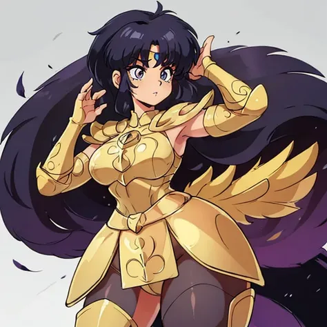 Akane tendo, cabello azul, Cabello corto, ojos azules, ojos detallados, cara de placer, muslos, pechos grandes, cuerpo completo, pose vulgar, vulgar, pechos vulgares, escote muy grande, senos grandes, armadura dorada, Saint Seiya Zodiac, Zodiac Sagittarius...