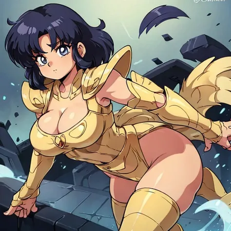 Akane tendo, cabello azul, Cabello corto, ojos azules, ojos detallados, cara de placer, muslos, pechos grandes, cuerpo completo, pose vulgar, vulgar, pechos vulgares, escote muy grande, senos grandes, armadura dorada, Saint Seiya Zodiac, Zodiac Sagittarius...