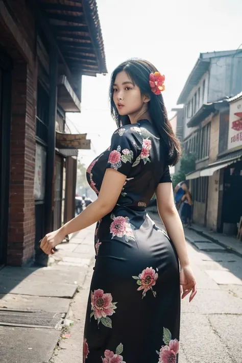 a beautiful girl in vintage colors aodai, masterpiece ,(Dye painting)  ( Black color   dress ) wrapped in a large flower print( flower silk ..... with  ) best quality, realistic:1.3, street, cyberpunk, holding bundle of adubon sunlight, backlighting, (well...