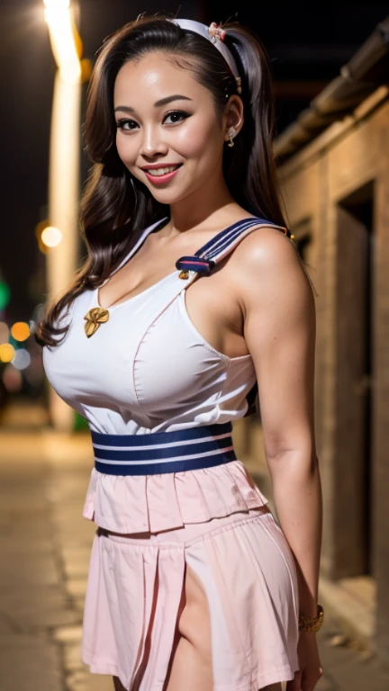 (((alley at night))),(thai woman),(sailor suit,ridiculously short skirt:1.4),(huge breasts:1.5), (highponytail),(forehead),((thi...