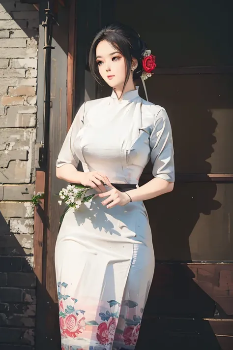 a beautiful girl in vintage colors aodai, masterpiece ,(Dye painting)  ( white color   dress ) wrapped in a large flower print( flower silk ..... with  ) best quality, realistic:1.3, street, cyberpunk, holding bundle of adubon sunlight, backlighting, (well...