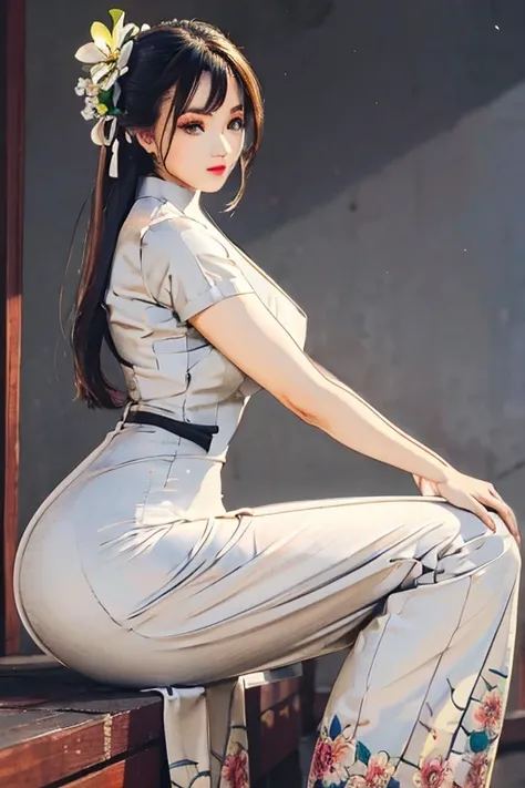 a beautiful girl in vintage colors aodai, masterpiece ,(Dye painting)  ( white color   dress ) wrapped in a large flower print( flower silk ..... with  ) best quality, realistic:1.3, street, cyberpunk, holding bundle of adubon sunlight, backlighting, (well...