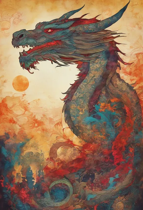 dragon cramoisi écarlate rougeoyant serein paisible, imperial posture, regard sage paisible, se regarde dans le miroir, fond soleil rayonnant flammes ::2 colorful ink painting ::2 art fantasy