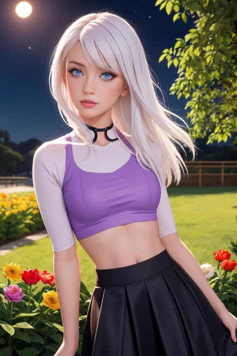 realistic, 1 girl, White hair, Purple eyes, Brilliant eyes, crop top, skirt, parted lips, blush, night, flowers, Sun, Sunlight,