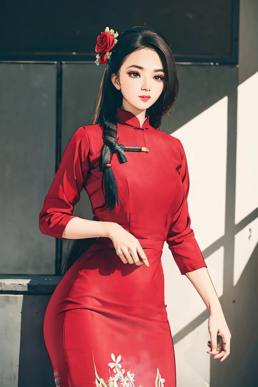 a beautiful girl in vintage colors aodai, masterpiece ,(Dye painting)  ( red color   dress ) wrapped in a large flower print( flower silk ..... with  ) best quality, realistic:1.3, street, cyberpunk, holding bundle of adubon sunlight, backlighting, (well p...