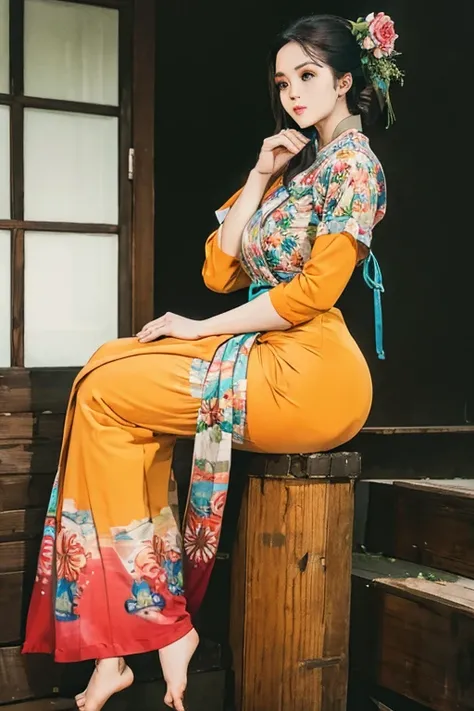 a beautiful girl in vintage colors aodai, masterpiece ,(Dye painting)  ( all color   dress ) wrapped in a large flower print( flower silk ..... with  ) best quality, realistic:1.3, street, cyberpunk, holding bundle of adubon sunlight, backlighting, (well p...