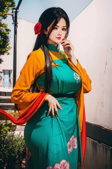 a beautiful girl in vintage colors aodai, masterpiece ,(Dye painting)  ( all color   dress ) wrapped in a large flower print( flower silk ..... with  ) best quality, realistic:1.3, street, cyberpunk, holding bundle of adubon sunlight, backlighting, (well p...