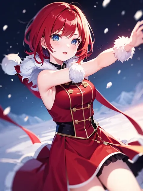 girl，red hair，short hair，second dimension beautiful girl，using a bow，fluffy fur，snow scene