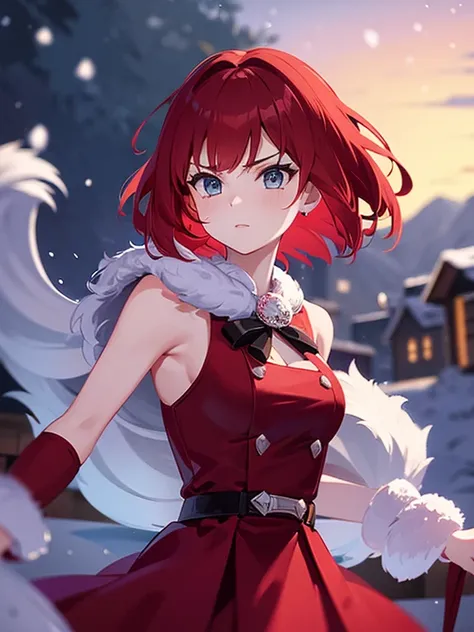 girl，red hair，short hair，second dimension beautiful girl，using a bow，fluffy fur，snow scene