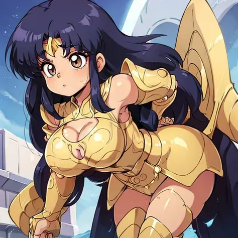 Akane tendo, cabello azul, Cabello corto, ojos azules, ojos detallados, cara de placer, muslos, pechos grandes, cuerpo completo, pose vulgar, vulgar, pechos vulgares, escote muy grande, senos grandes, armadura dorada, Saint Seiya Zodiac, Zodiac Sagittarius...