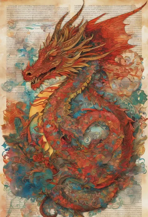 dragon cramoisi écarlate rougeoyant, sagesse, discernement, posture face miroir, regard paisible scrutateur, fond soleil rayonnant flammes ::2 colorful ink painting ::2 art fantasy