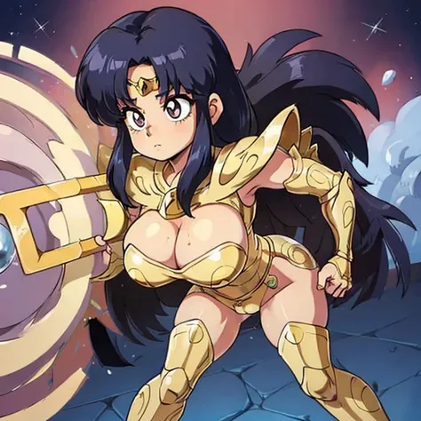 Akane tendo, cabello azul, Cabello corto, ojos azules, ojos detallados, cara de placer, muslos, pechos grandes, cuerpo completo, pose vulgar, vulgar, pechos vulgares, escote muy grande, senos grandes, armadura dorada, Saint Seiya Zodiac, Zodiac Sagittarius...