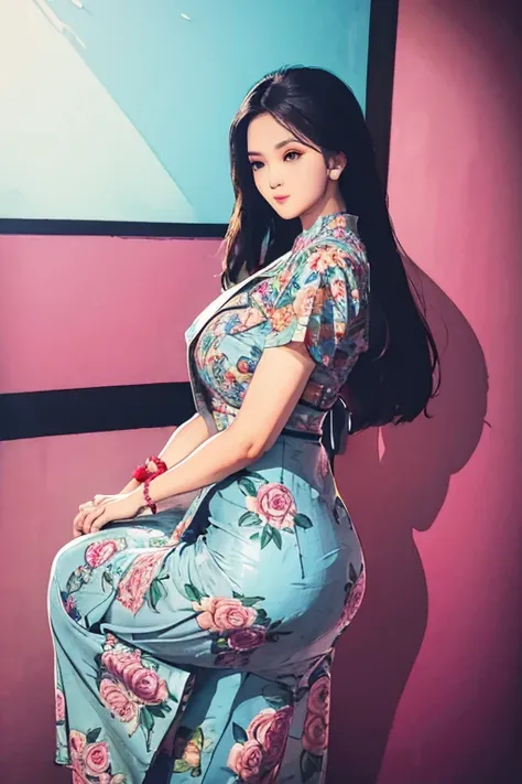 a beautiful girl in vintage colors aodai, masterpiece ,(Dye painting)  ( all color   dress ) wrapped in a large flower print( flower silk ..... with  ) best quality, realistic:1.3, street, cyberpunk, holding bundle of adubon sunlight, backlighting, (well p...