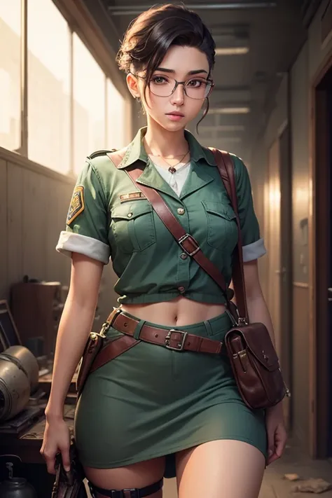 a pretty girl messenger, wearing large glasses, undercut hair, wearing postal uniform, in a post-apocalyptic world