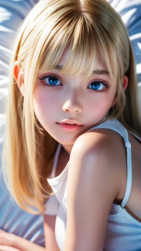 Beautiful and innocent 20 year old blonde girl、Beautiful shining platinum blonde hair、bangs fall on face、((Wearing an open white T-shirt,Dramatic Pose)),sexy look,Super long straight blonde silky hair,Bed Background,Beach Background、RAW Photos, (8k、highest...