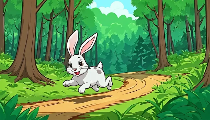 rabbit running in the forest. Cartoon style 