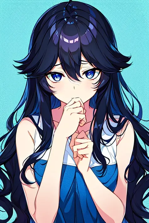 hair black and blue, hair between eyes, wavy hair, eyes black, ahoge, shy face