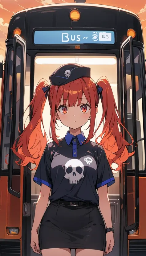 One girl, alone, Redhead, Red eyes, Twin tails, Employee uniforms, Pencil Skirt, Skull print, Navy Cap, Orange sky,, Outdoor, station, Stand in front of the bus,(highest quality、masterpiece、High resolution、detailed)animeスタイル、flat style、(Shining Eyes、detail...