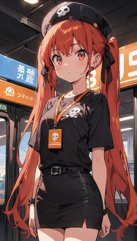 One girl, alone, Redhead, Red eyes, Twin tails, Employee uniforms, Pencil Skirt, Skull print, Navy Cap, Orange sky,, Outdoor, station, Stand in front of the bus,(highest quality、masterpiece、High resolution、detailed)animeスタイル、flat style、(Shining Eyes、detail...