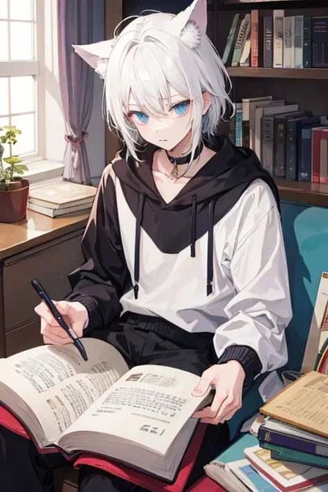 I read a book、White haired boy with cat ears