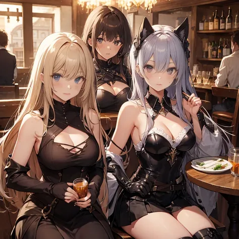 A group of  female medieval fantasy adventurers, (in tavern), various hair styles, harem, night, details face, short skirt, seducing, sleeveless, armor