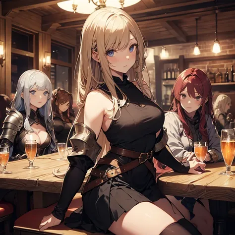 A group of  female medieval fantasy adventurers, (in tavern), various hair styles, harem, night, details face, short skirt, seducing, sleeveless, armor