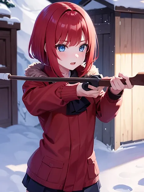 girl，Redhead，Short Bob，Second dimension beautiful girl，Using a bow，Fluffy fur，Snow Scene