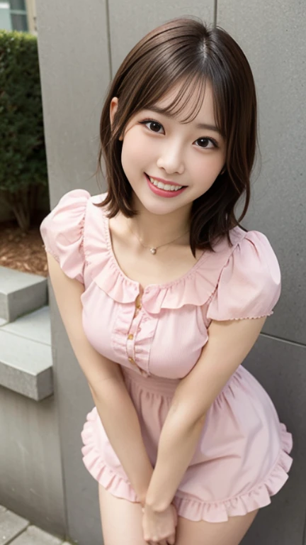 many frilled miniskirt, many frilled pretty dress, pink ribbon, short hair, smile, shy, (blush), upper teeth , sharp teeth, low angle, knee shot, 