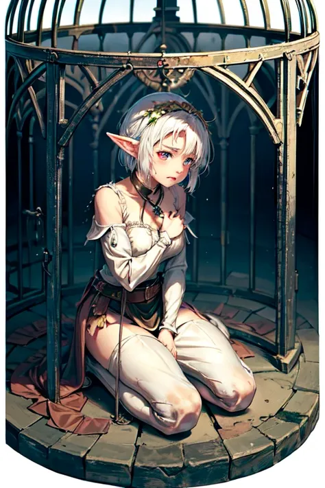 (in_cage:1.3), 1girl, rags,  full body, streaming tears, short white hair,  elf, bustling medieval market,  kneeling, looking at...