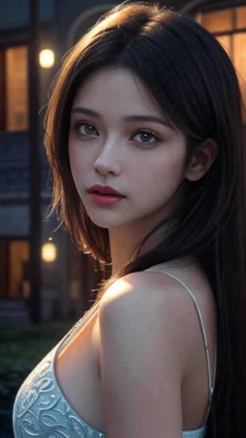 (8k, masterpiece, best quality), ultra-detailed, detailed beautiful round eyes, beautifully detailed face, high quality, high resolution, 1 girl, medium breast, (Devine cloth:1.5), nighttime, night garden background, (LOOKING AT VIEWER:1.3), (female focus:...