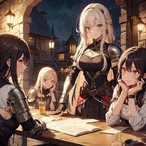 A group of  female medieval fantasy adventurers, (in tavern), various hair styles, harem, night, details face, short skirt, seducing, sleeveless, armor