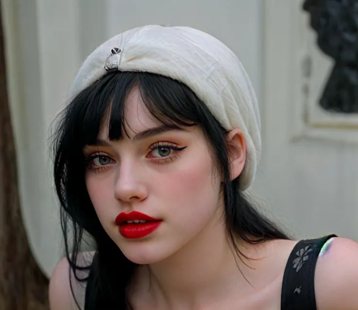 A beautiful teen girl. Make up pale skin, red lips, black hair