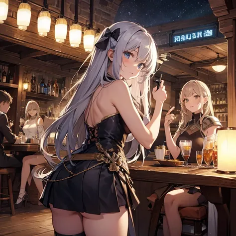 A group of  female medieval fantasy adventurers, (in tavern), various hair styles, harem, night, details face, short skirt, seducing, sleeveless, armor