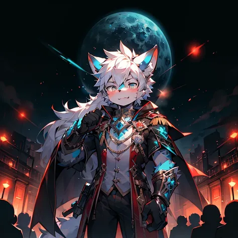 youth，Shota，White hair ，male， masterpiece， high resolution，8k，Detailed background，high quality， boys，Looking at the audience，view，Front view，male焦点，Wolf&#39;Facial features.. Turquoise Mecha.surrounded by lights，in the style of futuristic，Starry Sky，hairy,...