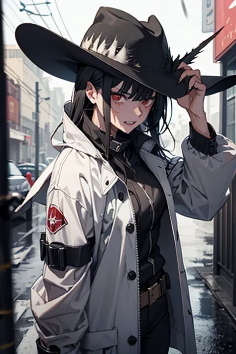 Gunslinger, sunglasses,hat, raincoat, girl, sharp teeth, claws, scars on face, 