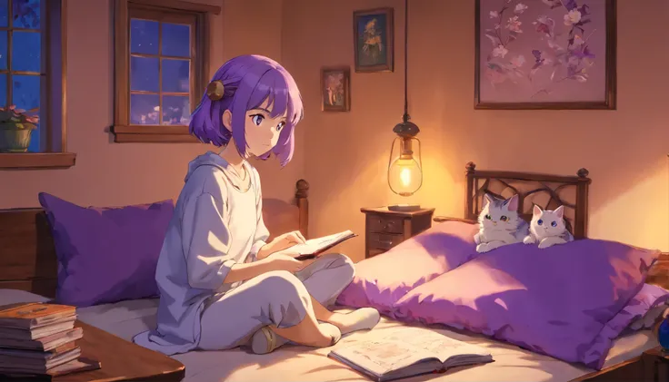 (highest quality,4K,8k,High resolution,masterpiece:1.2),(Very detailed),(Realistic,photoRealistic,photo-Realistic:1.37) Beautiful girl studying in a cozy bedroom, Illuminated by the warm glow of purple light. She has headphones on、I listen to lo-fi music, ...