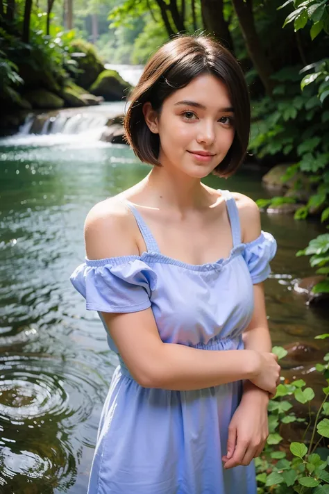 fantasy atmosphere photos、Japanese woman wearing a cute dress、In the forest where a stream flows、looking at the sky and smiling、Detailed photo quality, short hair 