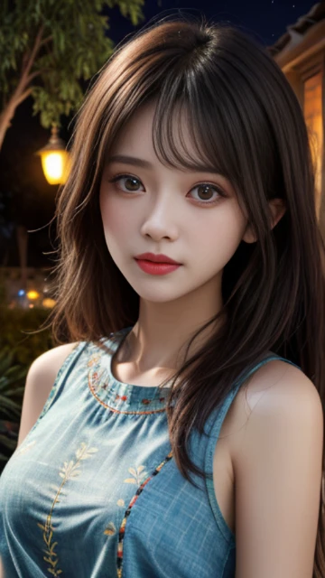 (8k, masterpiece, best quality), ultra-detailed, detailed beautiful round eyes, beautifully detailed face, high quality, high resolution, 1 girl, medium breast, (Devine cloth:1.5), nighttime, night garden background,