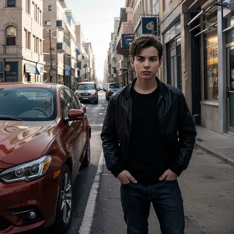 A boy with a car drink red Vine Street futuris tic background realistid