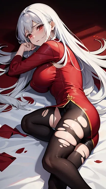 Torn red cheongsam，Broken black pantyhose，Huge breasts，胸前Holes in clothes，Damaged clothes，Holes in clothes，Battle damage，Seriously injured，White long hair，Wipe the blood from the corner of your mouth with your hand，Weak，Gasping lightly，sideways，Half of you...