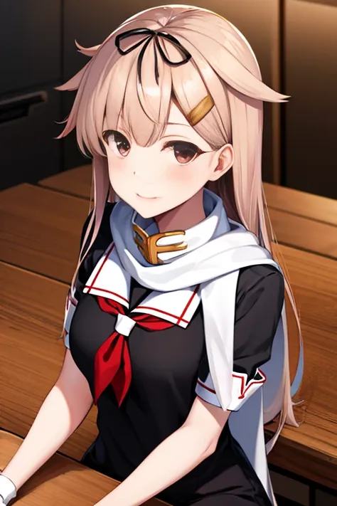 {Perfect Anatomy},(looking at the viewer:1.4),,(table top, highest quality:1.2), High resolution, BREAK, Poi 2, Judas (Kantai Collection), Hair flap, White scarf,  Hair Clip, Red neckerchief, black serafuku, Black Skirt, Fingerless gloves, Black Shirt, BRE...